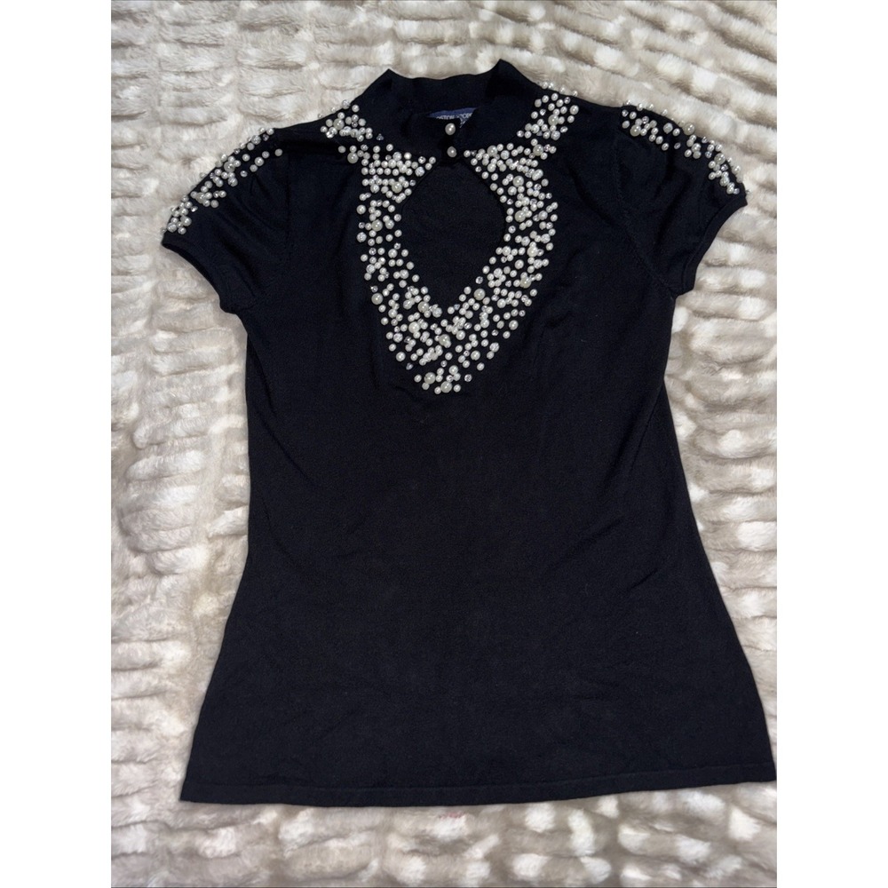 Boston Proper Black Glam Sweater Pearl Beaded Embellishments‎ Keyhole Neck Small